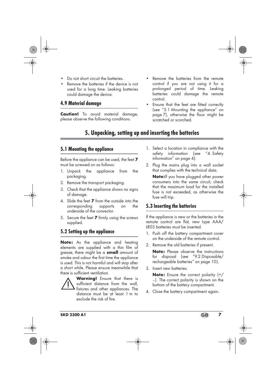 Unpacking, setting up and inserting the batteries, 9 material damage, 1 mounting the appliance | 2 setting up the appliance, 3 inserting the batteries | Silvercrest SKD 2300 A1 User Manual | Page 9 / 86