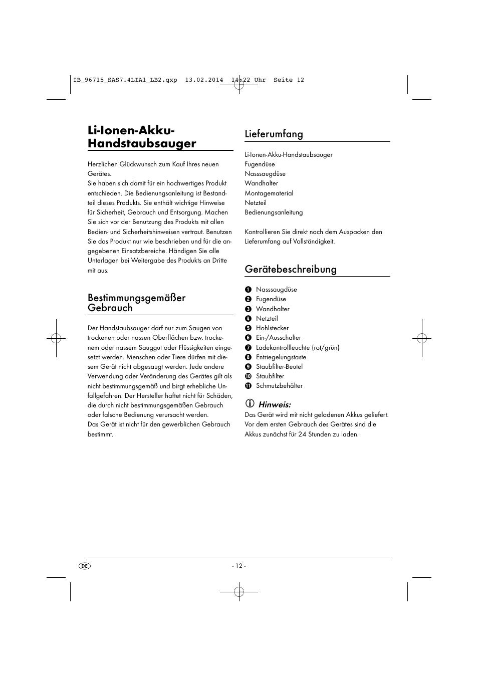 Li-ionen-akku- handstaubsauger, Bestimmungsgemäßer gebrauch, Lieferumfang | Gerätebeschreibung | Silvercrest SAS 7.4 LI A2 User Manual | Page 15 / 32