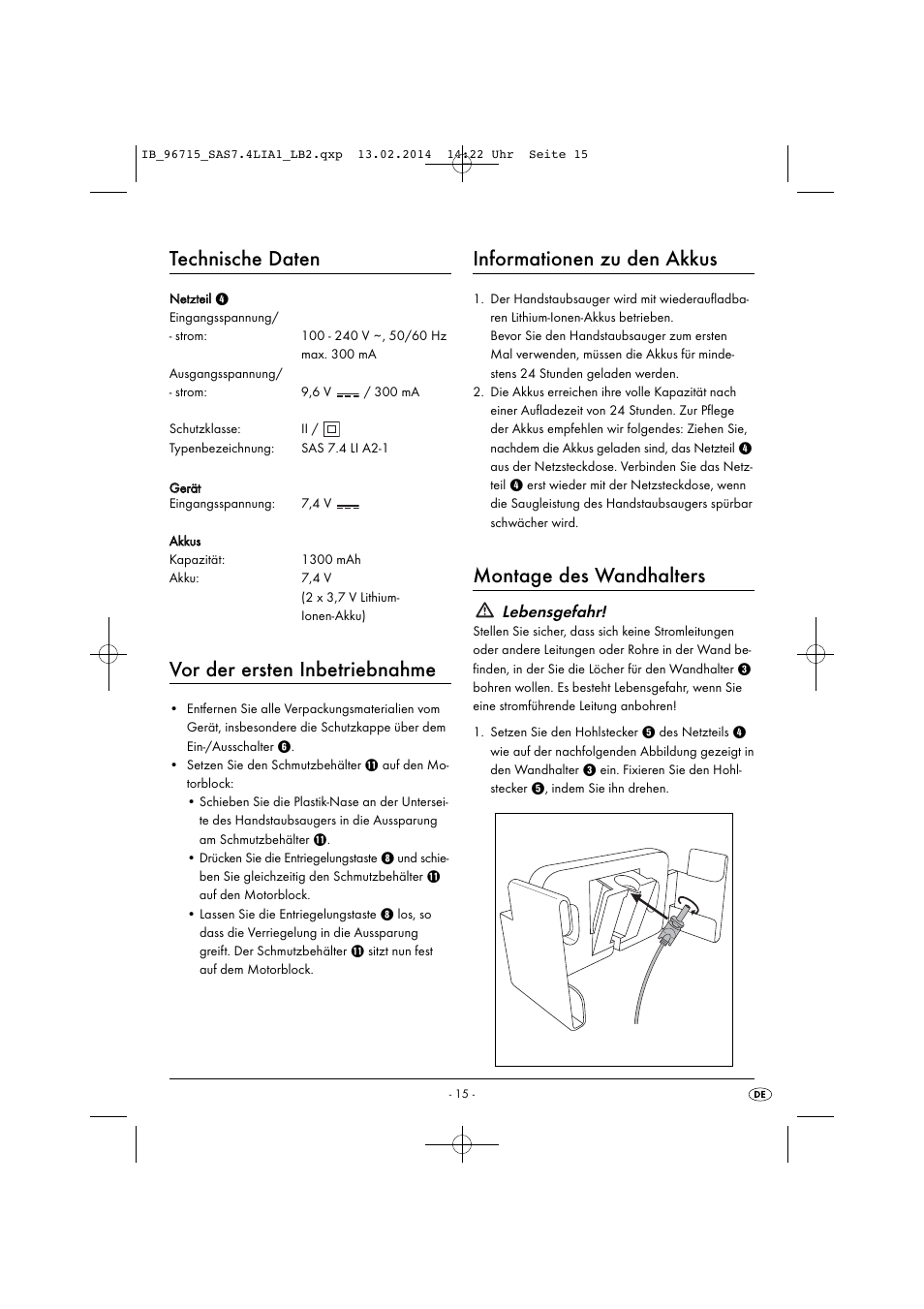 Technische daten, Vor der ersten inbetriebnahme, Informationen zu den akkus | Montage des wandhalters, Lebensgefahr | Silvercrest SAS 7.4 LI A2 User Manual | Page 18 / 32