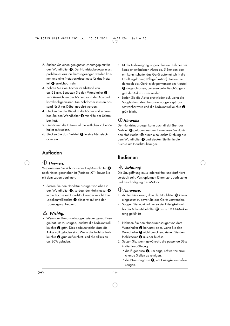 Aufladen, Bedienen, Hinweis | Wichtig, Achtung, Hinweise | Silvercrest SAS 7.4 LI A2 User Manual | Page 19 / 32