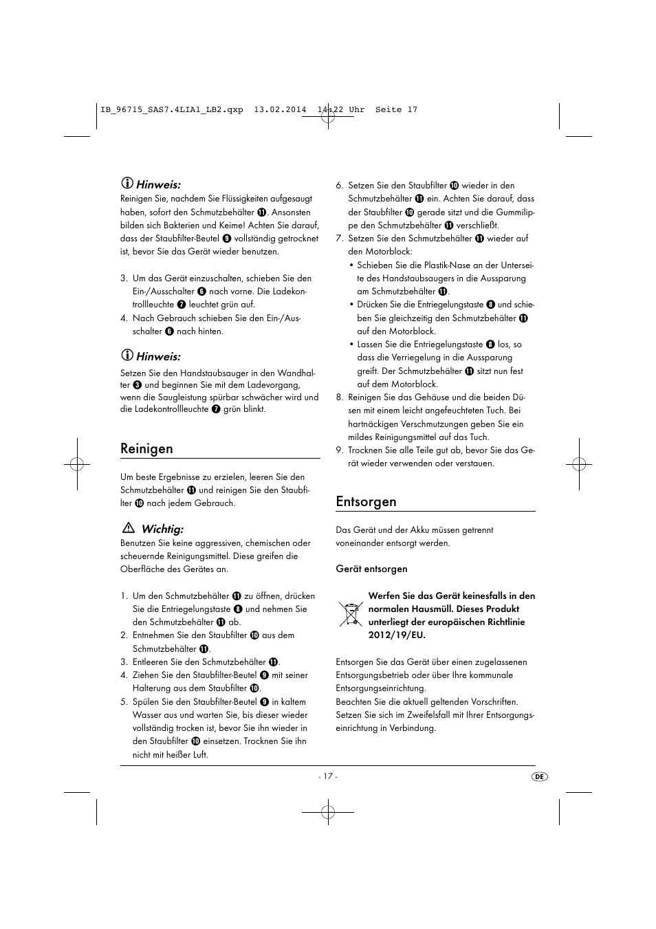 Reinigen, Entsorgen, Hinweis | Wichtig | Silvercrest SAS 7.4 LI A2 User Manual | Page 20 / 32