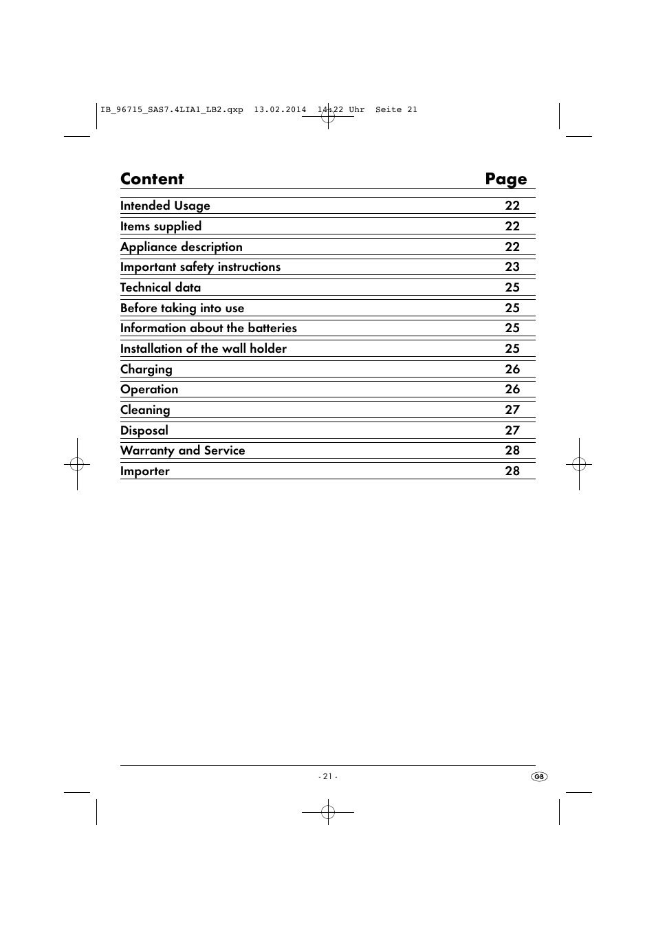 Content page | Silvercrest SAS 7.4 LI A2 User Manual | Page 24 / 32