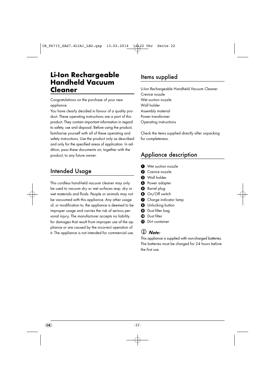 Li-ion rechargeable handheld vacuum cleaner, Intended usage, Items supplied | Appliance description | Silvercrest SAS 7.4 LI A2 User Manual | Page 25 / 32