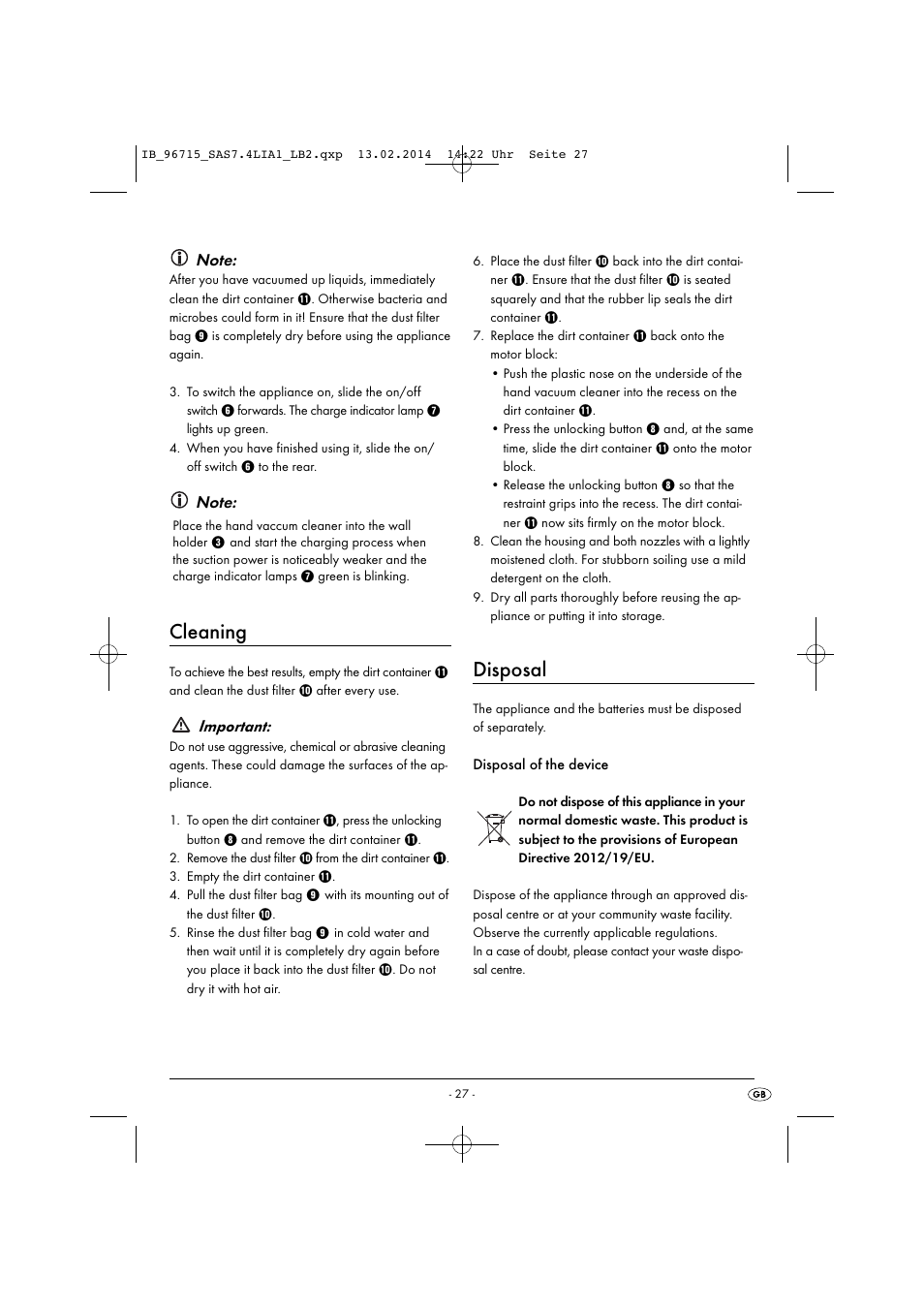 Cleaning, Disposal, Important | Silvercrest SAS 7.4 LI A2 User Manual | Page 30 / 32