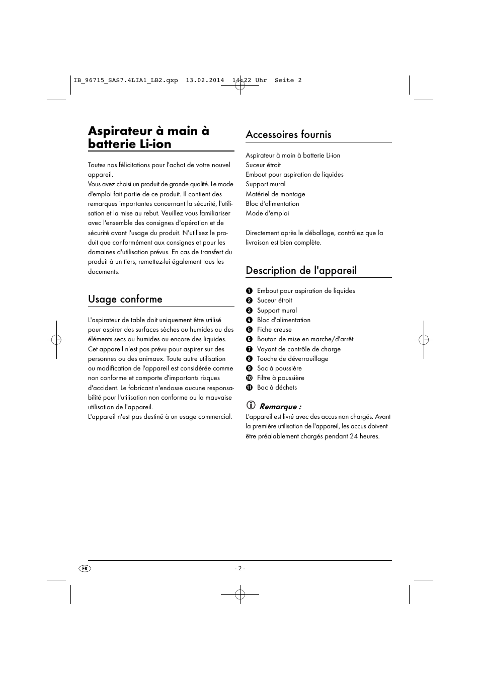 Aspirateur à main à batterie li-ion, Usage conforme, Accessoires fournis | Description de l'appareil, Remarque | Silvercrest SAS 7.4 LI A2 User Manual | Page 5 / 32