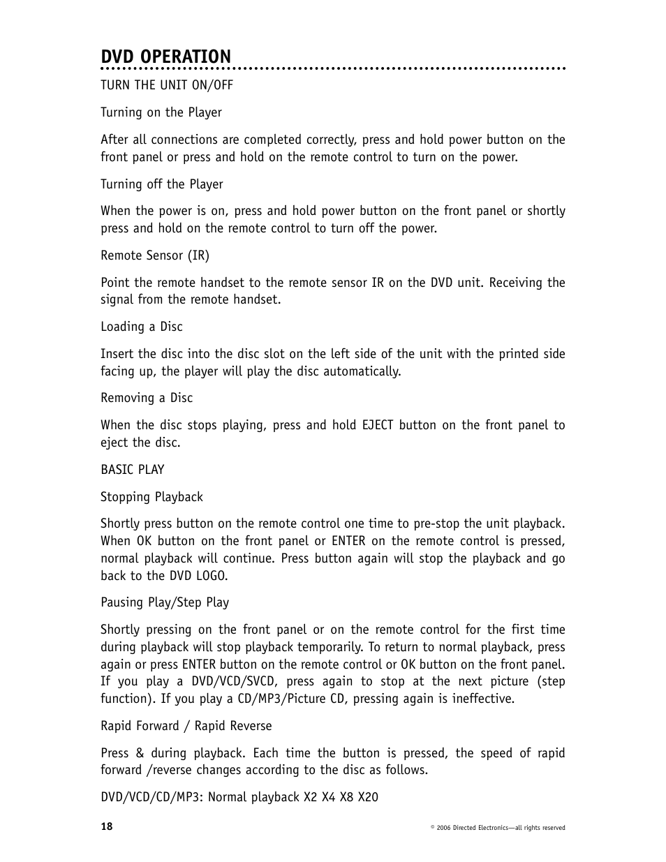 Dvd operation | Directed Video CD1020 User Manual | Page 18 / 34