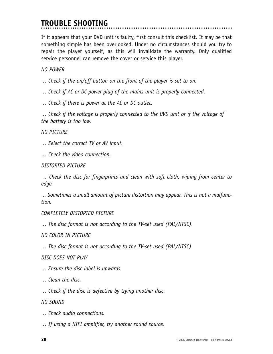 Trouble shooting | Directed Video CD1020 User Manual | Page 28 / 34