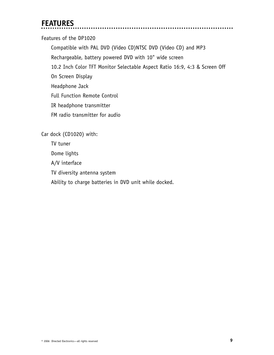 Features | Directed Video CD1020 User Manual | Page 9 / 34