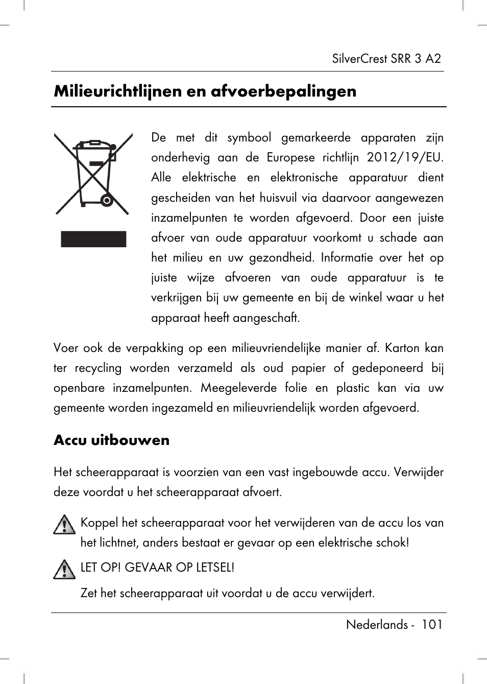 Milieurichtlijnen en afvoerbepalingen, Accu uitbouwen | Silvercrest SRR 2 A2 User Manual | Page 103 / 130