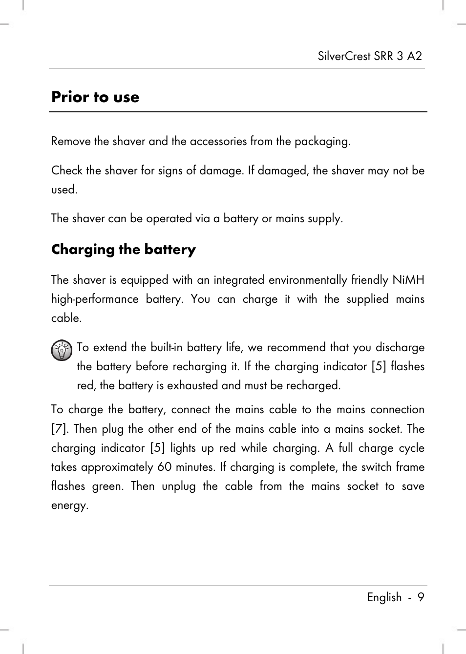 Prior to use, Charging the battery | Silvercrest SRR 2 A2 User Manual | Page 11 / 130