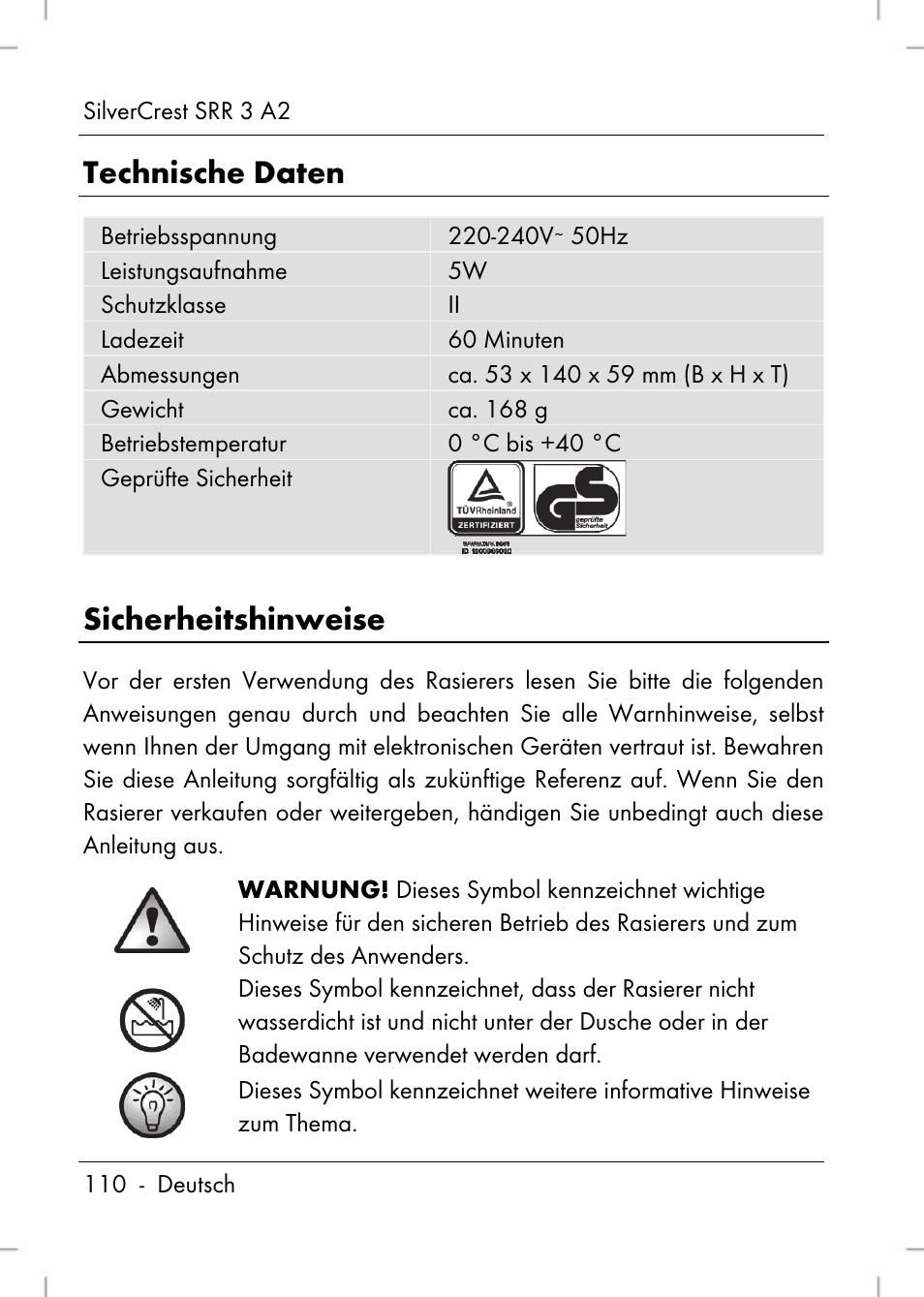 Technische daten, Sicherheitshinweise | Silvercrest SRR 2 A2 User Manual | Page 112 / 130