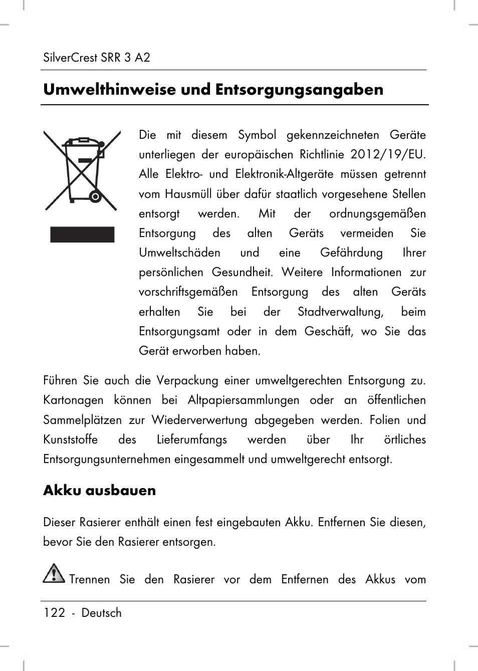 Umwelthinweise und entsorgungsangaben, Akku ausbauen | Silvercrest SRR 2 A2 User Manual | Page 124 / 130