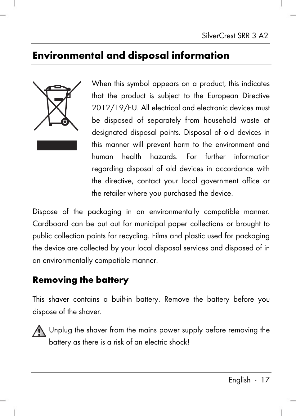 Environmental and disposal information, Removing the battery | Silvercrest SRR 2 A2 User Manual | Page 19 / 130