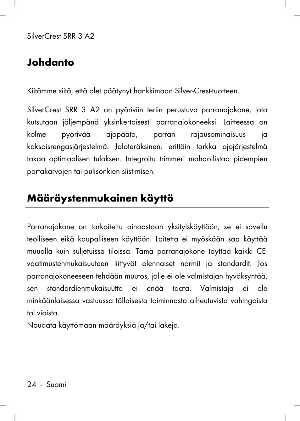 Johdanto, Määräystenmukainen käyttö | Silvercrest SRR 2 A2 User Manual | Page 26 / 130
