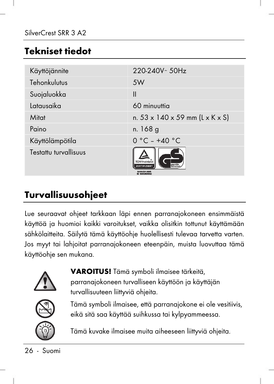 Tekniset tiedot, Turvallisuusohjeet | Silvercrest SRR 2 A2 User Manual | Page 28 / 130