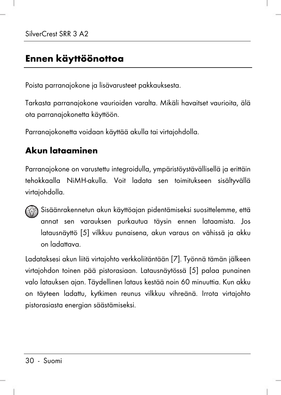 Ennen käyttöönottoa, Akun lataaminen | Silvercrest SRR 2 A2 User Manual | Page 32 / 130