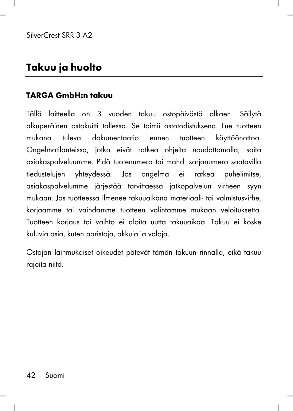 Takuu ja huolto | Silvercrest SRR 2 A2 User Manual | Page 44 / 130