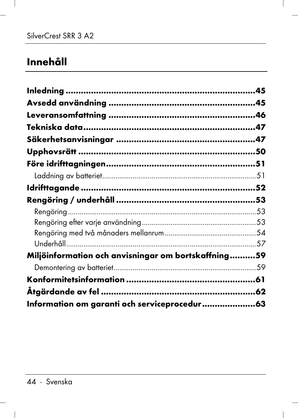 Innehåll | Silvercrest SRR 2 A2 User Manual | Page 46 / 130