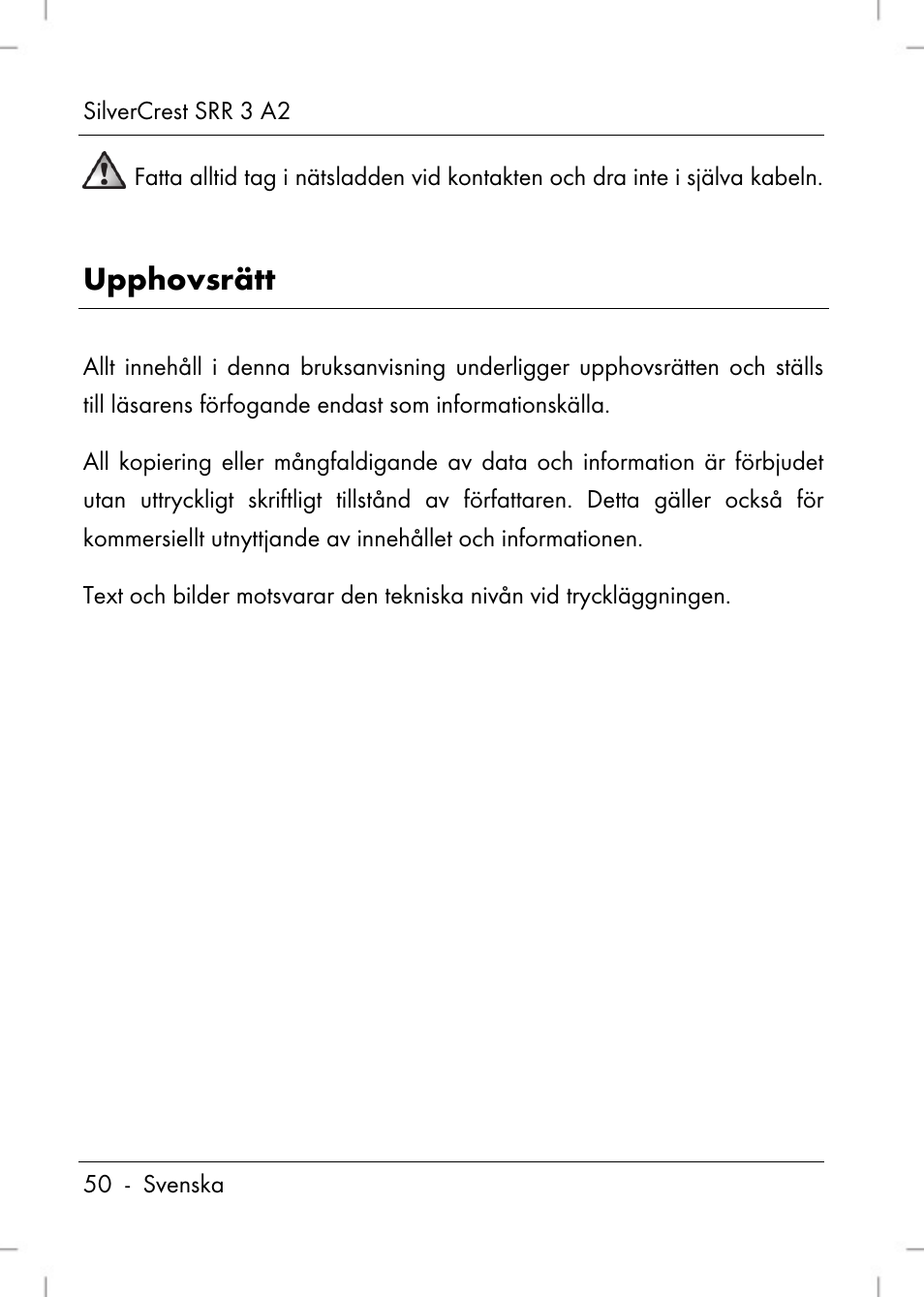 Upphovsrätt | Silvercrest SRR 2 A2 User Manual | Page 52 / 130