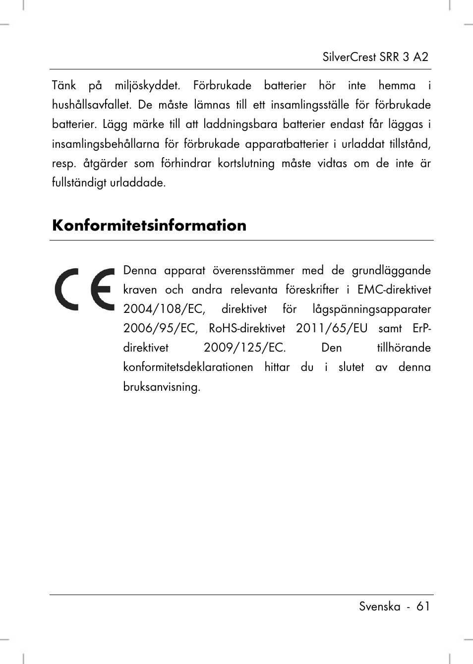 Konformitetsinformation | Silvercrest SRR 2 A2 User Manual | Page 63 / 130