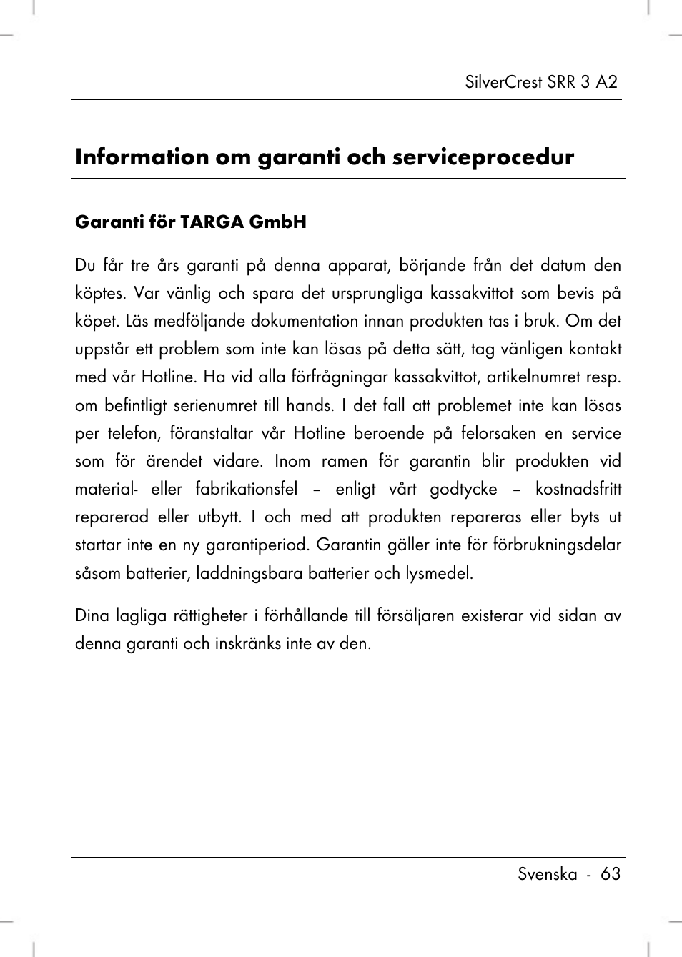 Information om garanti och serviceprocedur | Silvercrest SRR 2 A2 User Manual | Page 65 / 130