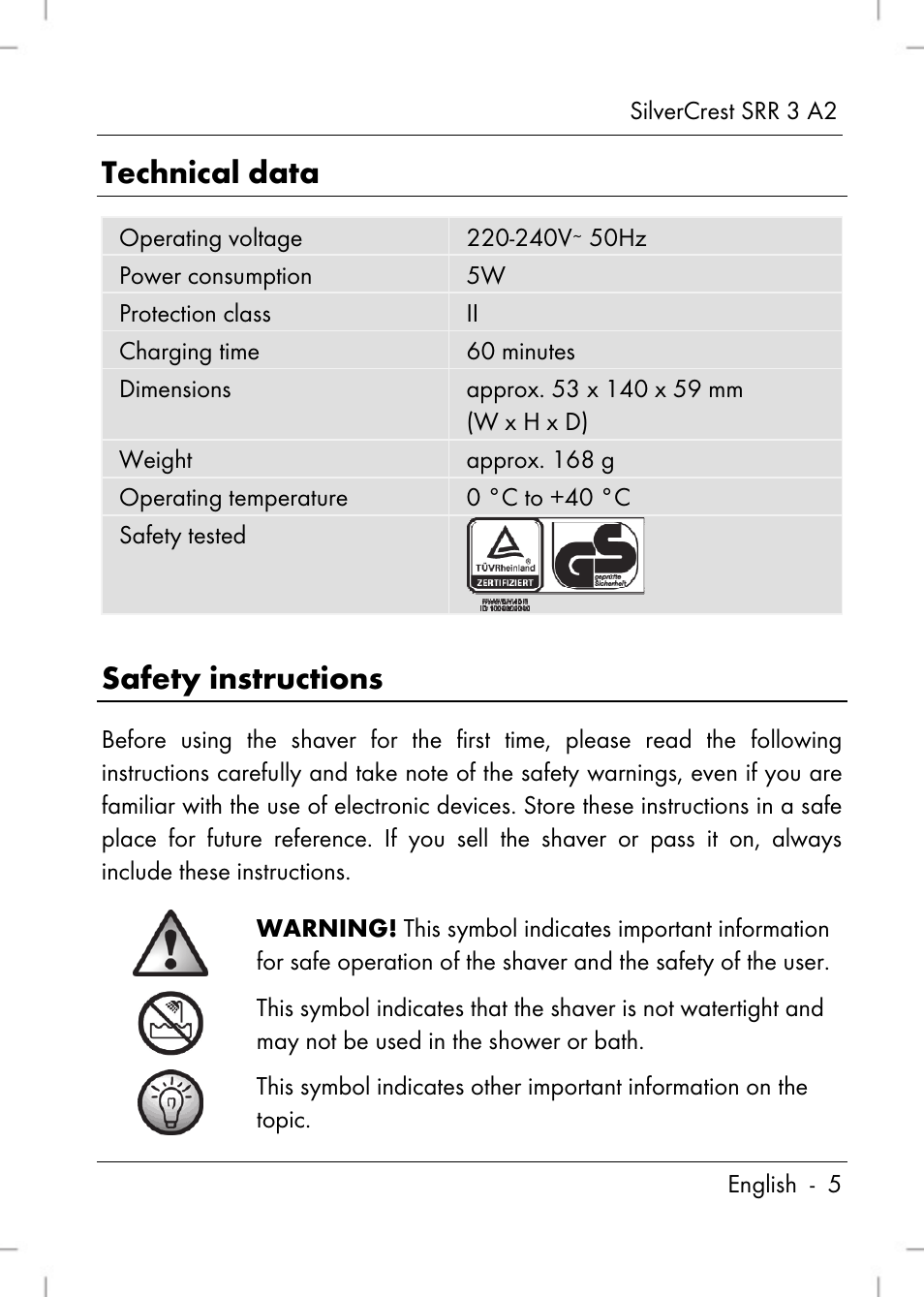 Technical data, Safety instructions | Silvercrest SRR 2 A2 User Manual | Page 7 / 130