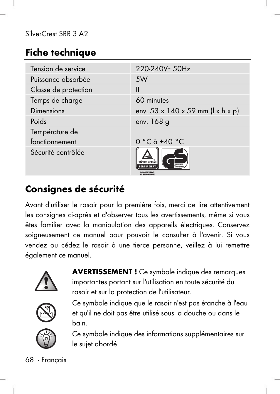 Fiche technique, Consignes de sécurité | Silvercrest SRR 2 A2 User Manual | Page 70 / 130