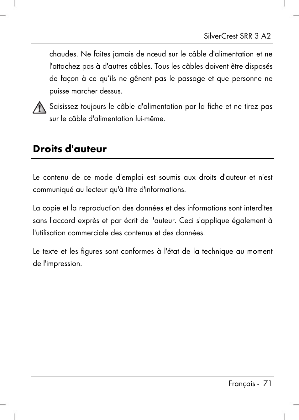 Droits d'auteur | Silvercrest SRR 2 A2 User Manual | Page 73 / 130