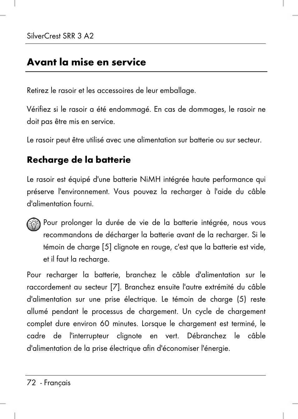 Avant la mise en service, Recharge de la batterie | Silvercrest SRR 2 A2 User Manual | Page 74 / 130