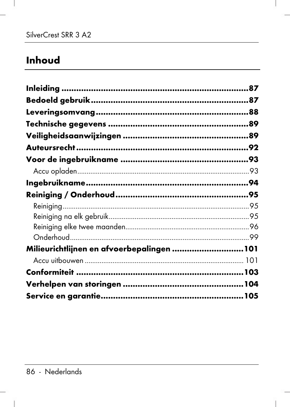 Inhoud | Silvercrest SRR 2 A2 User Manual | Page 88 / 130