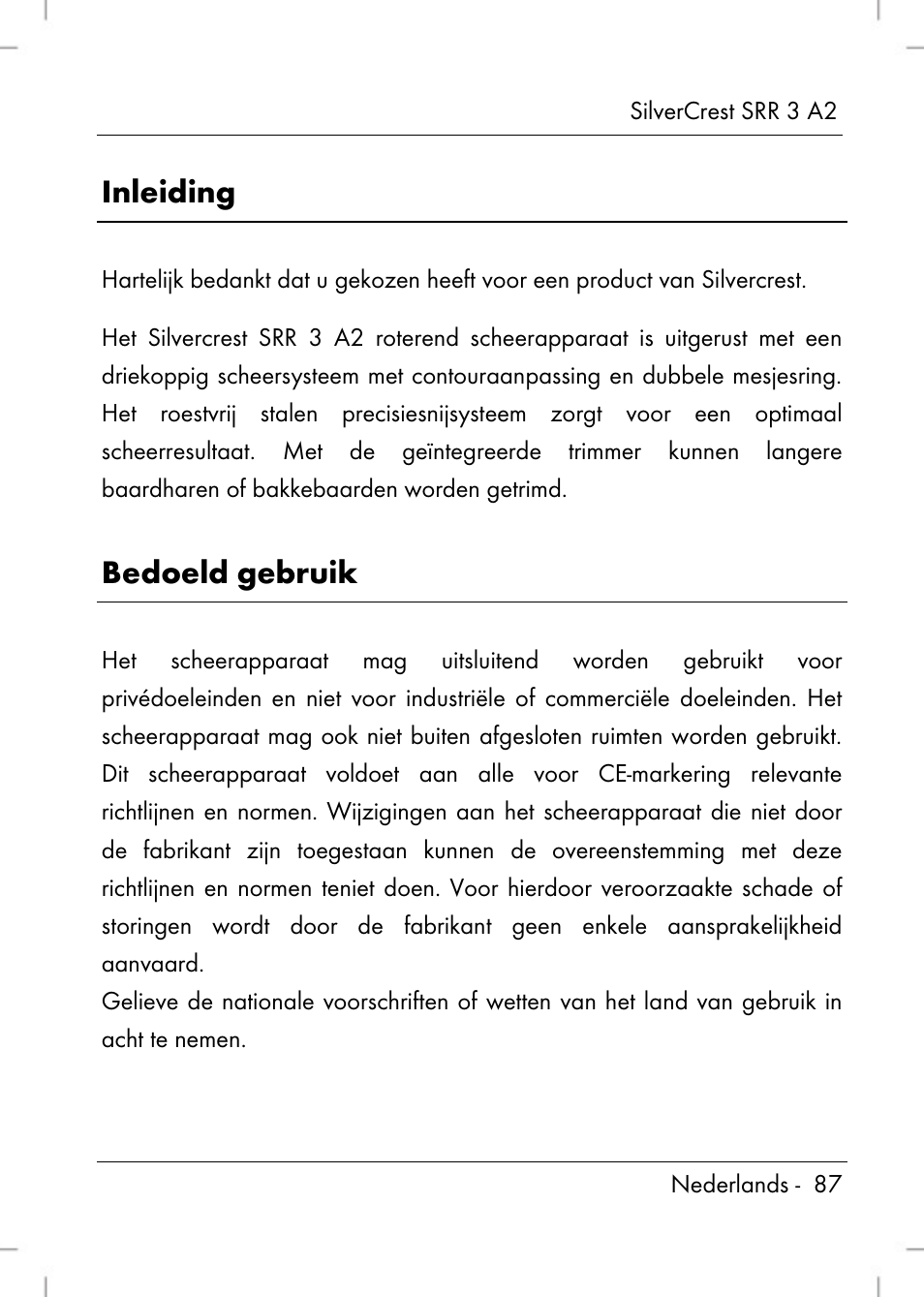 Inleiding, Bedoeld gebruik | Silvercrest SRR 2 A2 User Manual | Page 89 / 130