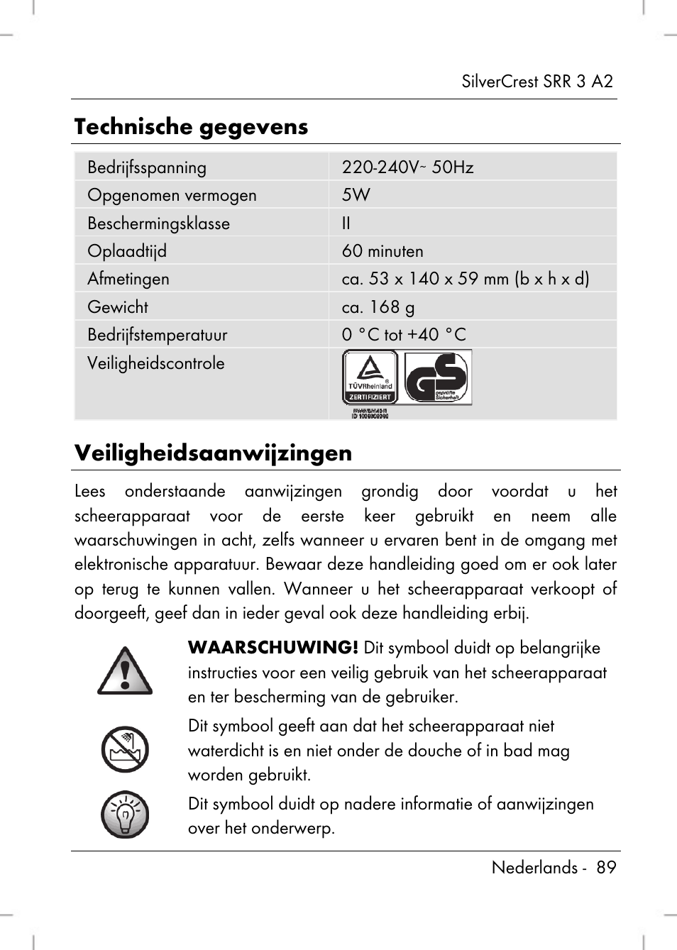 Technische gegevens, Veiligheidsaanwijzingen | Silvercrest SRR 2 A2 User Manual | Page 91 / 130