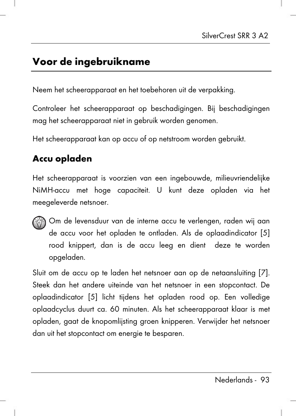 Voor de ingebruikname, Accu opladen | Silvercrest SRR 2 A2 User Manual | Page 95 / 130
