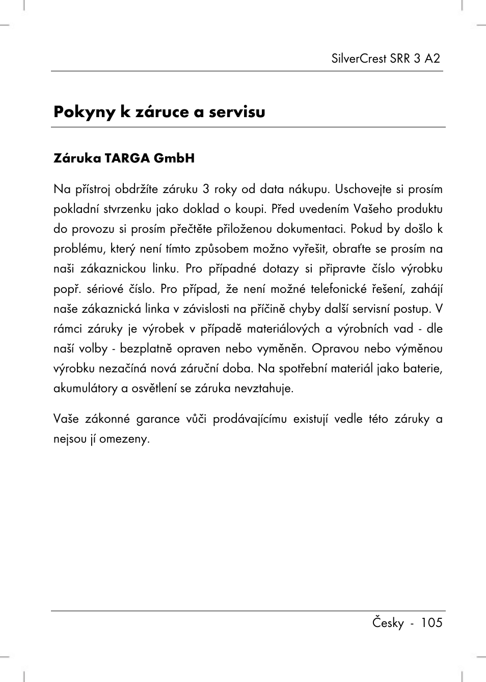 Pokyny k záruce a servisu | Silvercrest SRR 2 A2 User Manual | Page 107 / 152