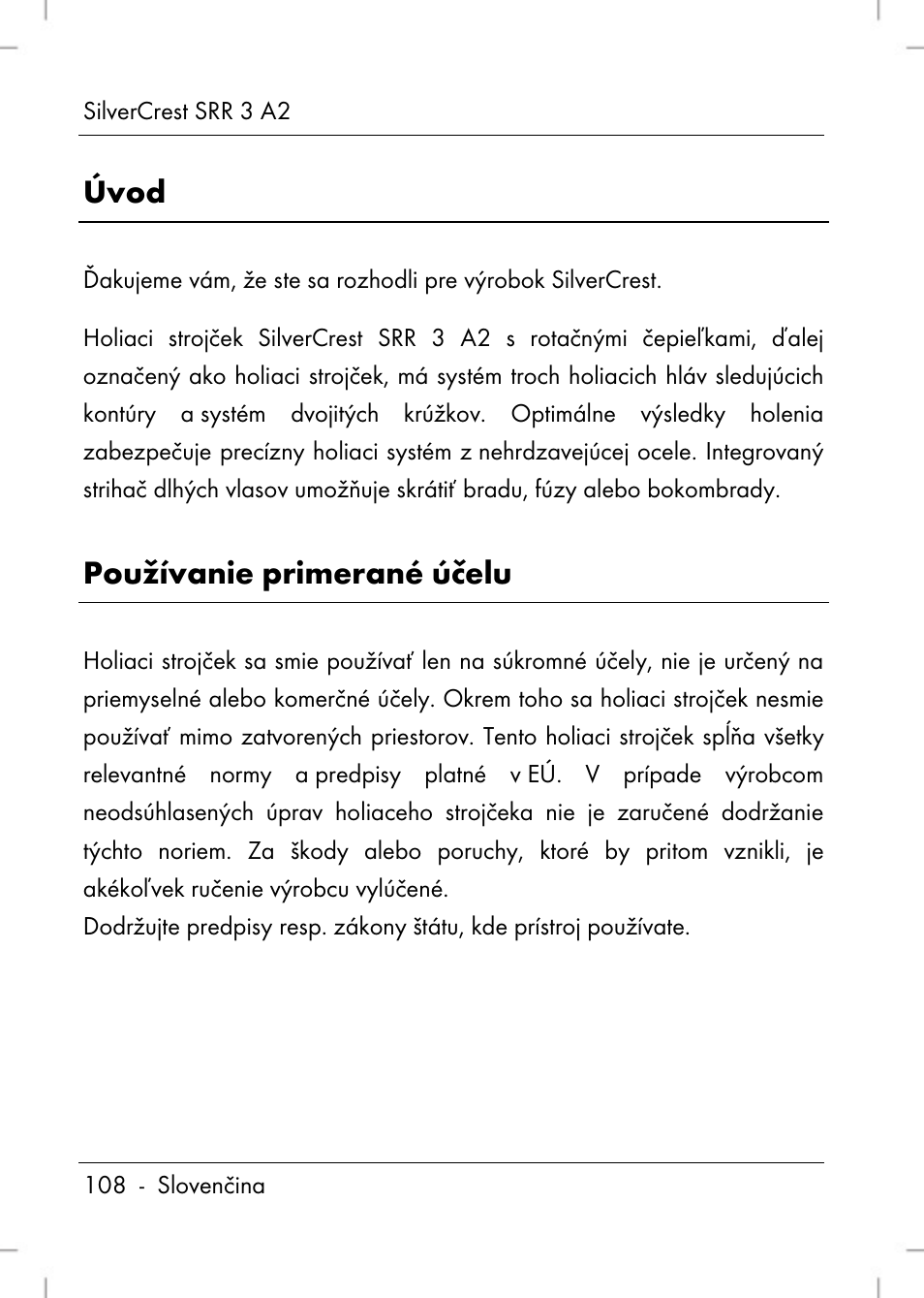 Úvod, Používanie primerané účelu | Silvercrest SRR 2 A2 User Manual | Page 110 / 152
