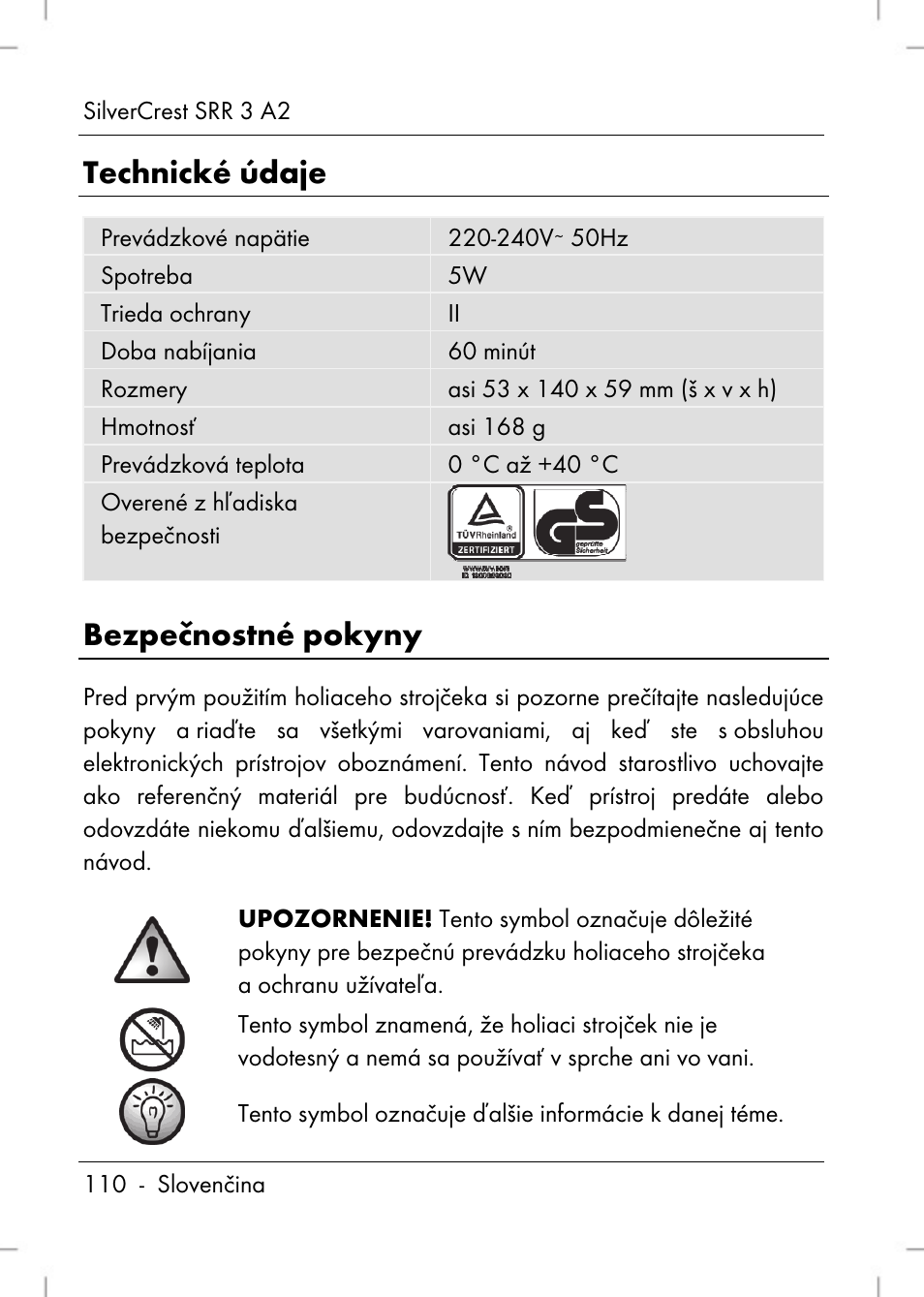 Technické údaje, Bezpečnostné pokyny | Silvercrest SRR 2 A2 User Manual | Page 112 / 152