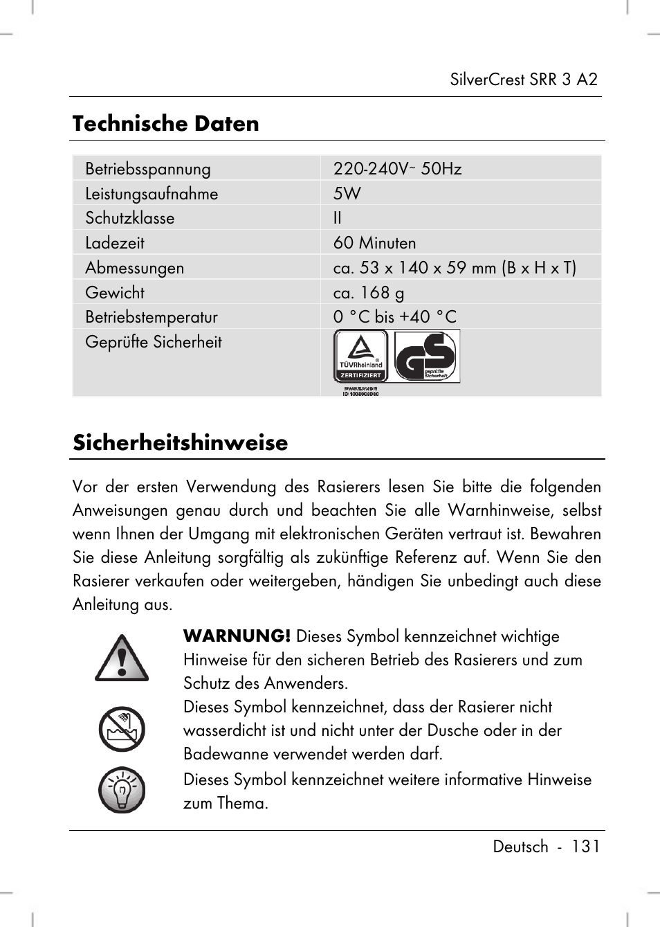 Technische daten, Sicherheitshinweise | Silvercrest SRR 2 A2 User Manual | Page 133 / 152