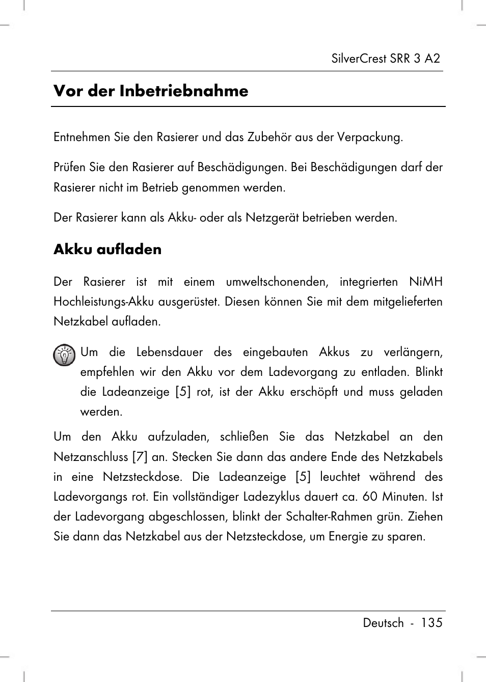 Vor der inbetriebnahme, Akku aufladen | Silvercrest SRR 2 A2 User Manual | Page 137 / 152