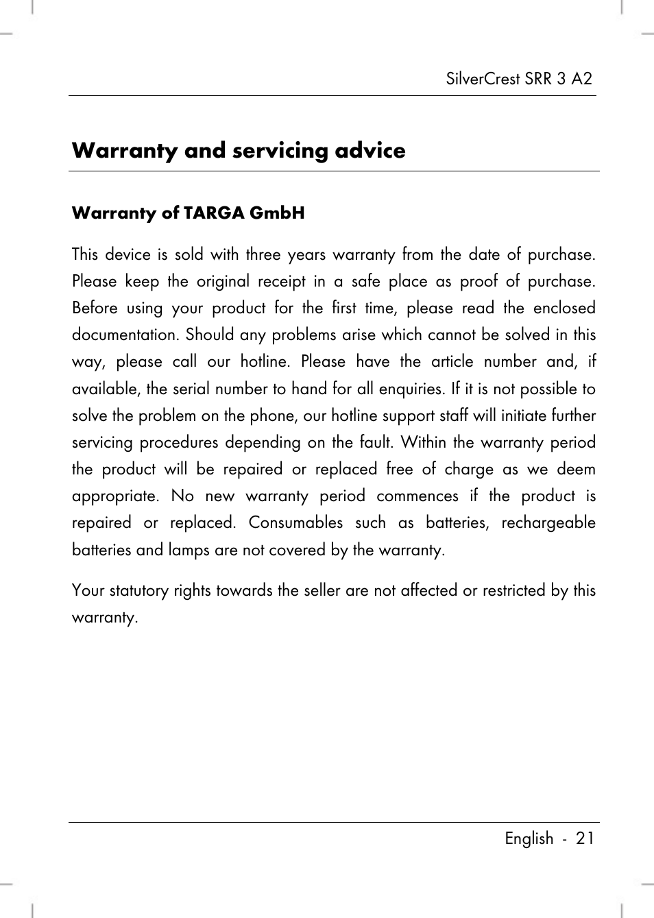 Warranty and servicing advice | Silvercrest SRR 2 A2 User Manual | Page 23 / 152