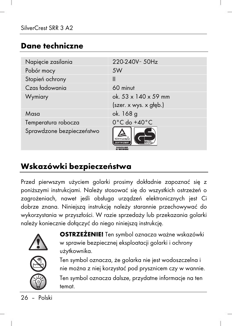 Dane techniczne, Wskazówki bezpieczeństwa | Silvercrest SRR 2 A2 User Manual | Page 28 / 152