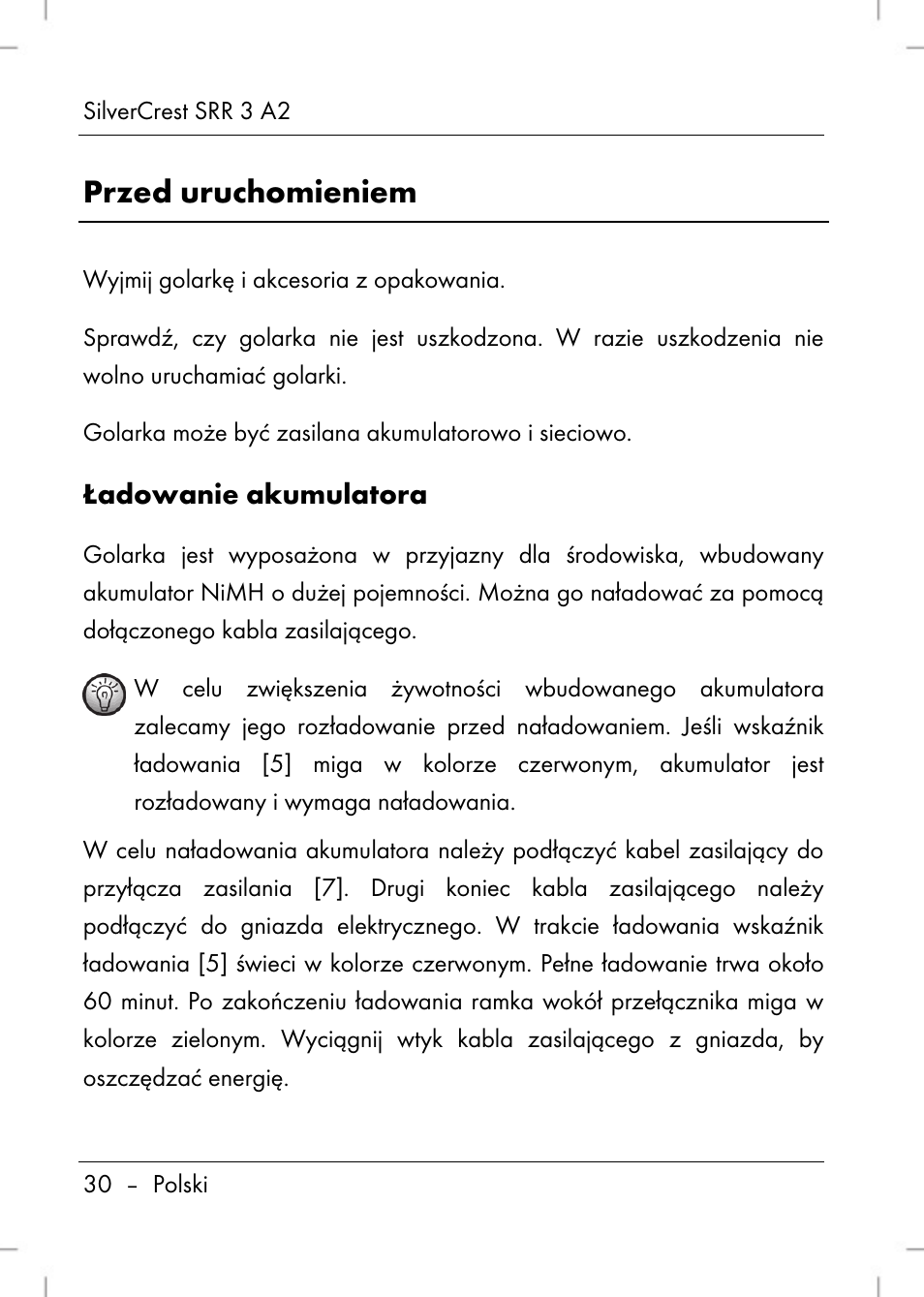 Przed uruchomieniem, Ładowanie akumulatora | Silvercrest SRR 2 A2 User Manual | Page 32 / 152