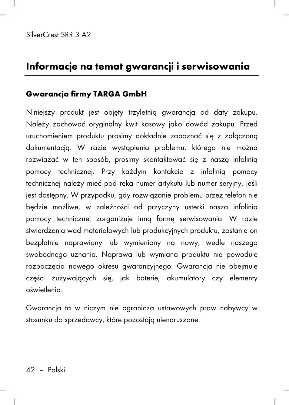 Informacje na temat gwarancji i serwisowania | Silvercrest SRR 2 A2 User Manual | Page 44 / 152