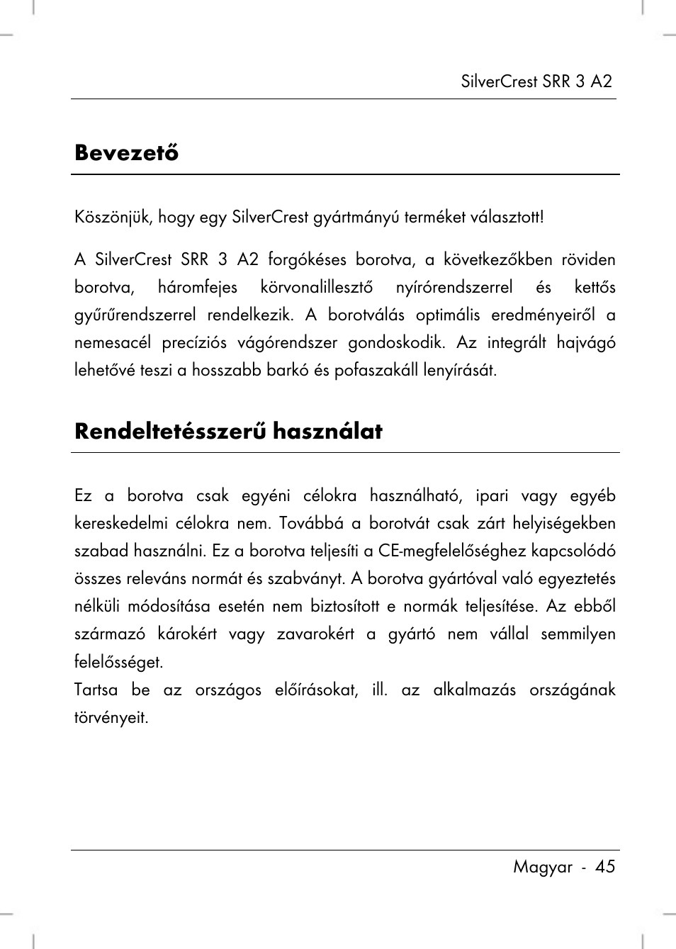 Bevezető, Rendeltetésszerű használat | Silvercrest SRR 2 A2 User Manual | Page 47 / 152