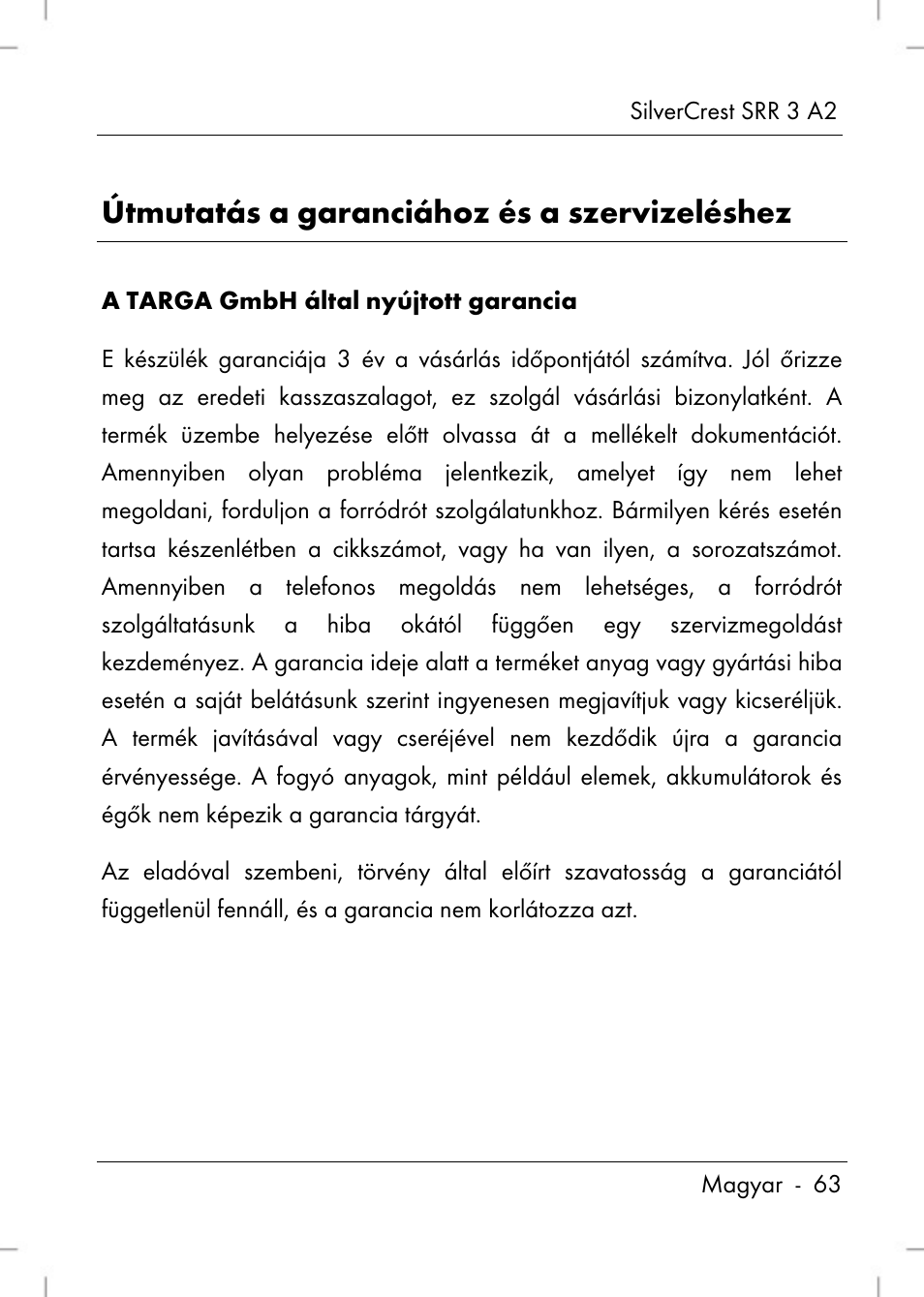 Útmutatás a garanciához és a szervizeléshez | Silvercrest SRR 2 A2 User Manual | Page 65 / 152