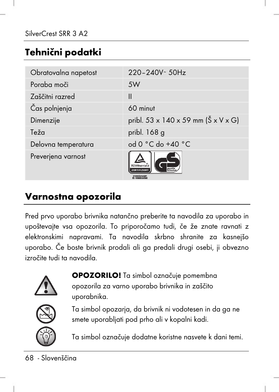 Tehnični podatki, Varnostna opozorila | Silvercrest SRR 2 A2 User Manual | Page 70 / 152