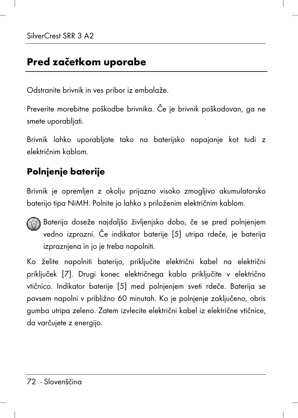 Pred začetkom uporabe, Polnjenje baterije | Silvercrest SRR 2 A2 User Manual | Page 74 / 152