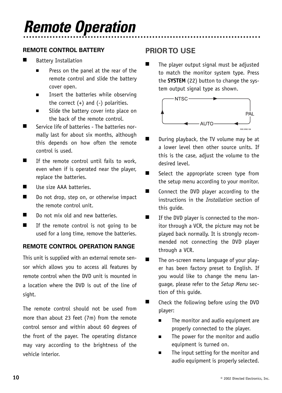 Remote operation, Prior to use | Directed Video DV1600 User Manual | Page 10 / 24