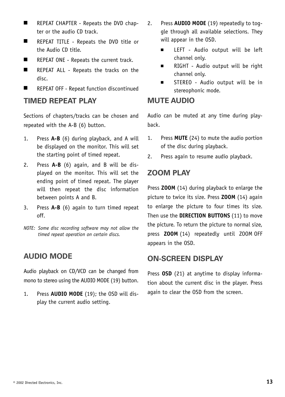 Timed repeat play, Audio mode, Mute audio | Zoom play, On-screen display | Directed Video DV1600 User Manual | Page 13 / 24
