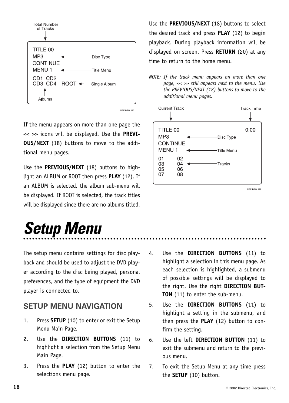 Setup menu, Setup menu navigation | Directed Video DV1600 User Manual | Page 16 / 24