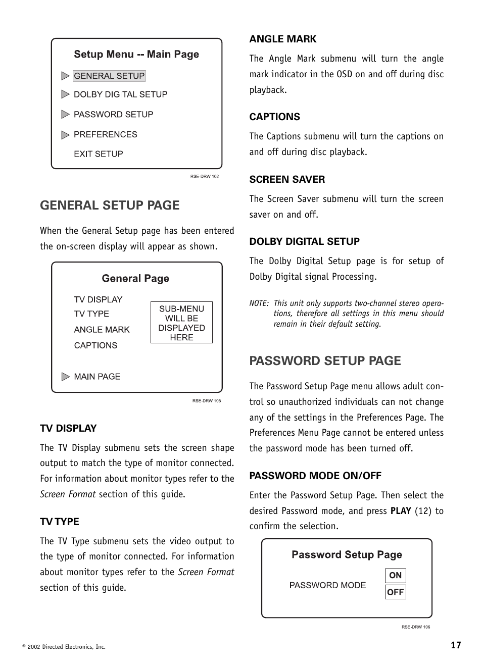 General setup page, Password setup page | Directed Video DV1600 User Manual | Page 17 / 24